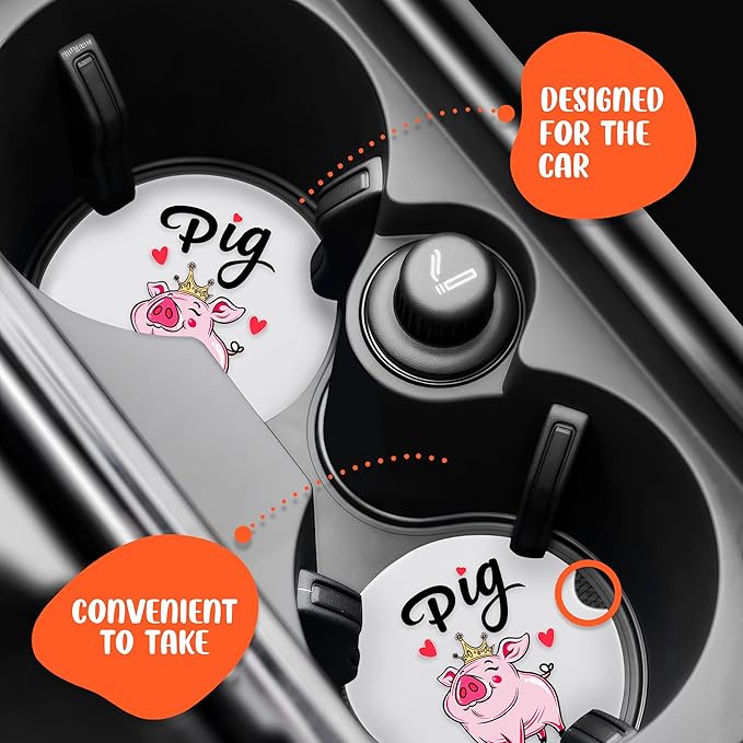 2 Pack Pig Car Cup Holder Coaster, Cute Car Interior Accessories Drink Coaster for Women & Men, Pig Lovers Themed Gifts Stuff Accessories Things Merchandise Items!