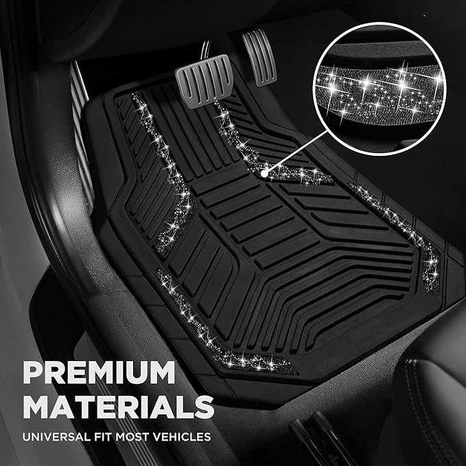 PIC AUTO Car Floor Mats, Black Sparkly Crystal Bling Glitter Car Mats Set, Front and Rear Heavy Duty Rubber Car Mats with Anti-Slip Backing, All Weather, Trim-to-Fit for Automotive SUVs, Sedan, Vans