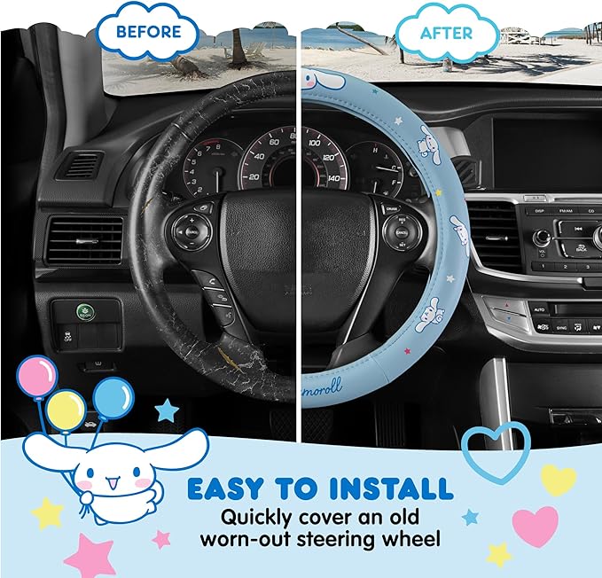 Sanrio Hello Kitty and Friends Cinnamoroll Blue Car Steering Wheel Cover, Universal Fit Cute Accessories for Women Stylish Decor Gifts Hello Kitty Car Accessories - Fits Standard Wheels 14.5"-15"