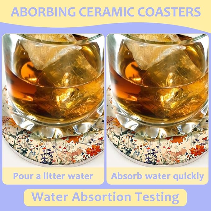 2 Pack Car Cup Holder Coaster-Butterfly Floral Absorbent Ceramic Coaster, Car Coasters for Cup Holders,Auto Accessories for Women & Men