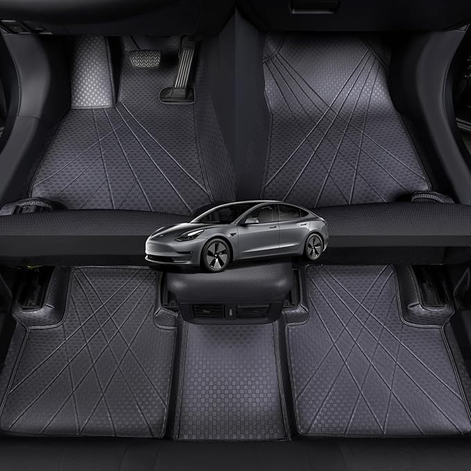 EKR Custom Floor Mats for Tesla Model 3 2024-2025, Front & 2nd Row Luxury Car Floor Mat Fit Model 3 2024 2025 - Leatherette Floor Liners (Black)