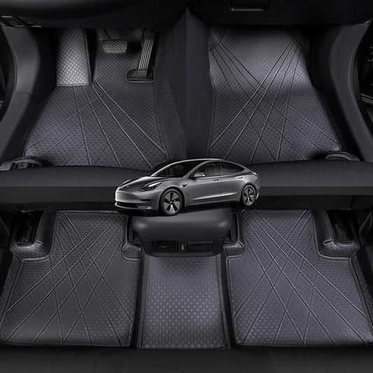 EKR Custom Floor Mats for Tesla Model 3 2024-2025, Front & 2nd Row Luxury Car Floor Mat Fit Model 3 2024 2025 - Leatherette Floor Liners (Black)
