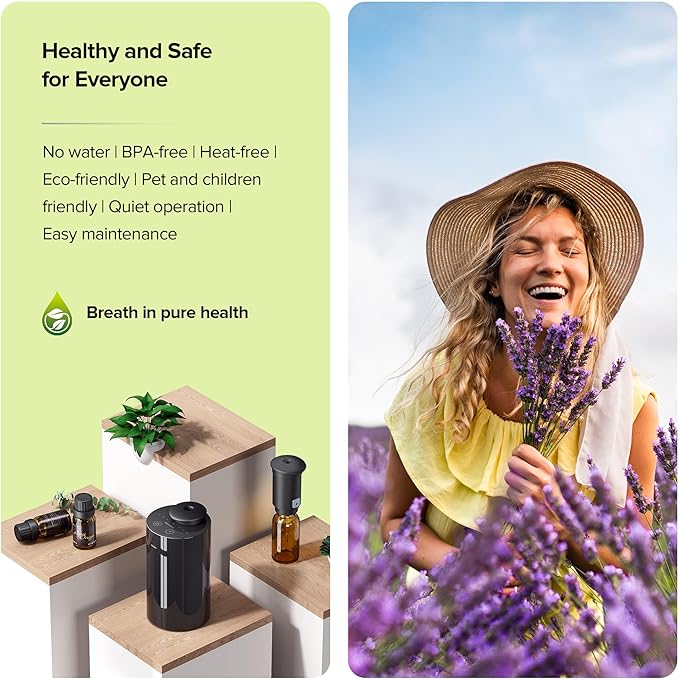 Waterless Essential Oil Diffuser for Home Aromatherapy Car Nebulizing Diffuser Battery Operated 20mL Mini Scent Air Machine Up to 600 Sq.Ft. 4 Countdown Timers 3 Mist-Level (AN7 Black 2PCS)