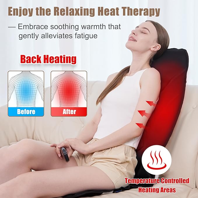 Portable Back Massager with Heat & Vibration - Deep Tissue Pain Relief for Shoulder, Back, Lower Back and Thighs - Office Chair Massage Pad, Ideal Gift for Men and Women