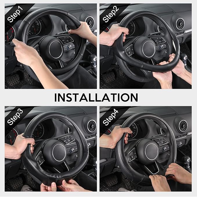 SEG Direct Car Steering Wheel Cover Small Size for Prius Civic Model 3 Model Y Camaro Rogue with 14-14 1/4 inches Outer Diameter, Black Microfiber Leather