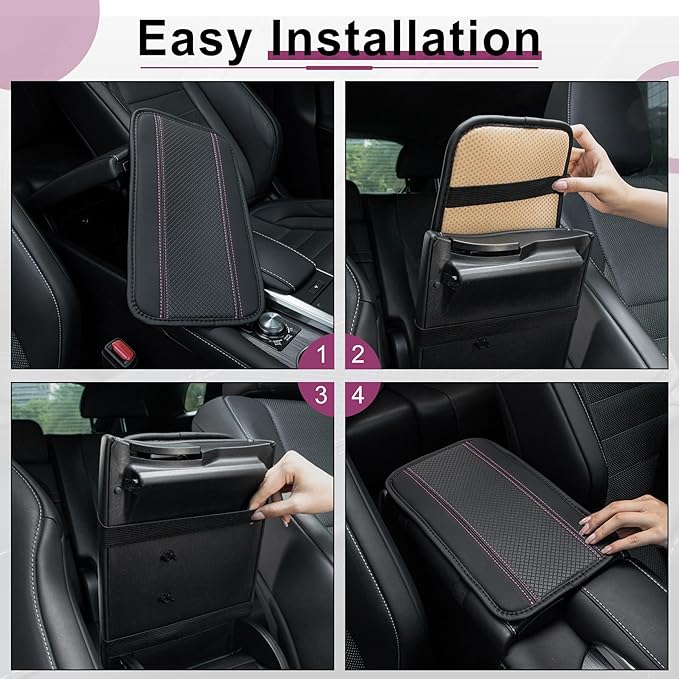 Amiss Car Center Console Pad, Universal Waterproof Car Armrest Seat Box Cover, PU Leather Auto Armrest Cover Protector，Vehicle Interior Accessories fits SUV/Truck/Car (Black-Pink)