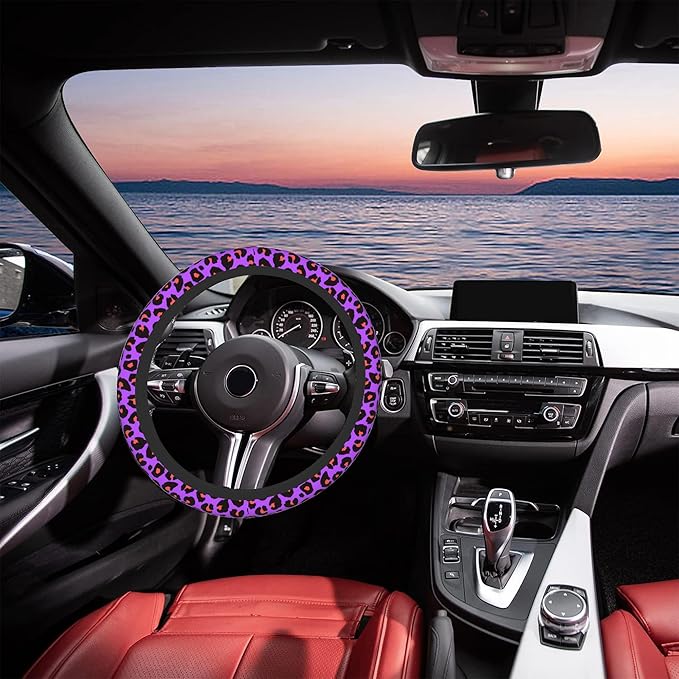 Purple Leopard Print Steering Wheel Cover, Elastic Non-Slip Steering Wheel Protector,Auto Interior Decor for Women Girls,Universal 15" Fit for Sedans,Trucks