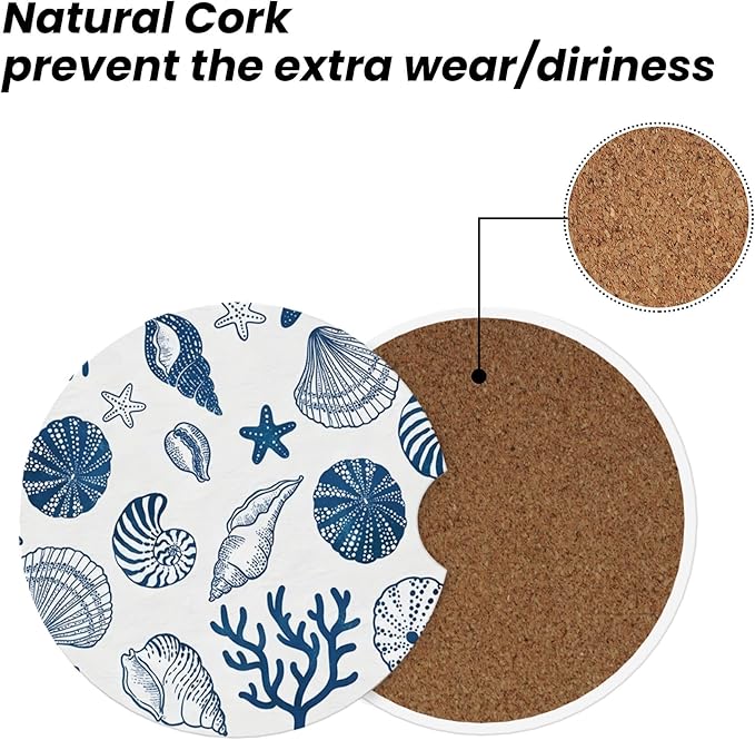 Absorbent Car Coasters for Cup Holders, 2 Pack Universal Anti Slip Ceramic Cup Coaster for Women Men 2.56 Inch Car Interior Accessories - Blue Sea Shell 013