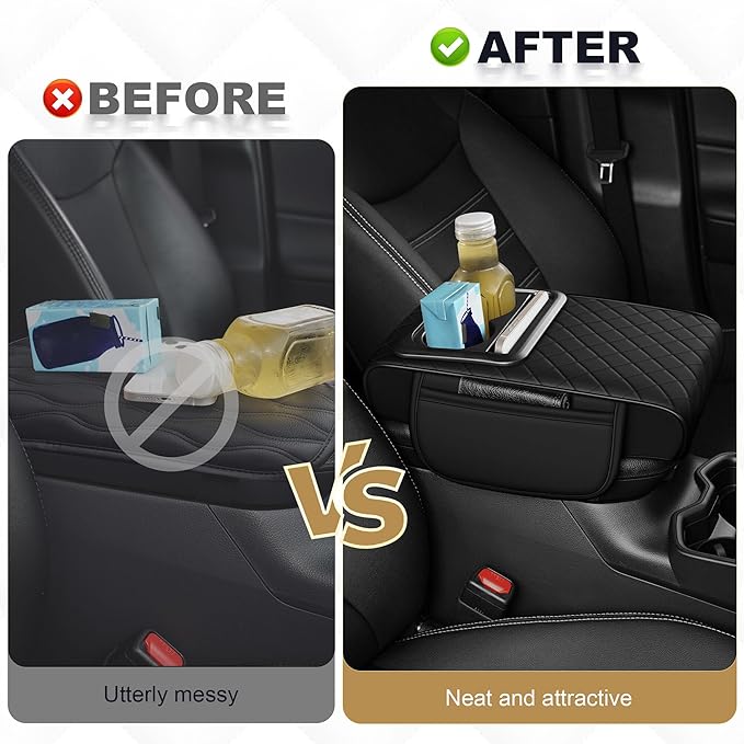 YORKNEIC Upgraded Car Center Console Cover with Cup Holder 2 Storage Bags - Faux Leather Arm Rest Cover Fit for Ford Maverick,Middle Console Cover Multi-Functional Car armrest Cushion(Black)