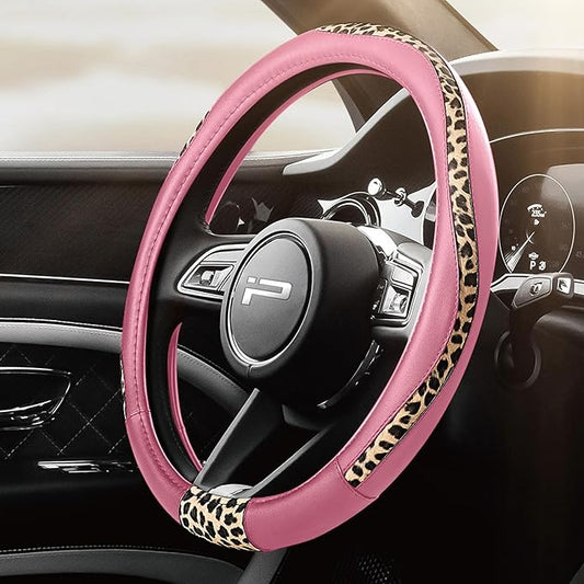 Road Comforts Steering Wheel Cover - Made with PVC Leather and Leopard Fabric - Universal 14 1/2 inches to 15 inches for Most Automotive Steering Wheel - Cheetah Print -Pink
