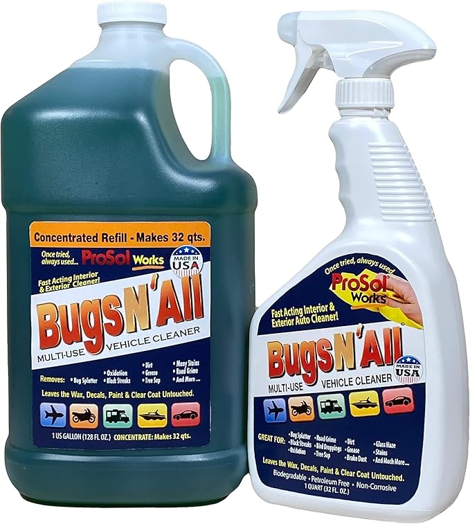Bugs N’ All Multipurpose Car Cleaner & Degreaser - Bug & Tar Remover Concentrate 1 Gallon - Exterior Cleaner Safe for Car Paint, Metal, Chrome, Aluminum, Windows & Mirrors - w/Free 32 oz Spray Bottle