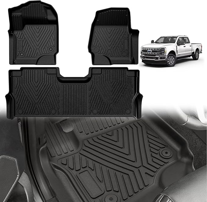 TripleAliners Floor Mats Compatible with Ford 2023-2025 F250/F350/F450 Floor Mats Super Duty Accessories Crew Cab 1st & 2nd Row Floor Liners TPE All Weather Protection Heavy Duty Custom Fit