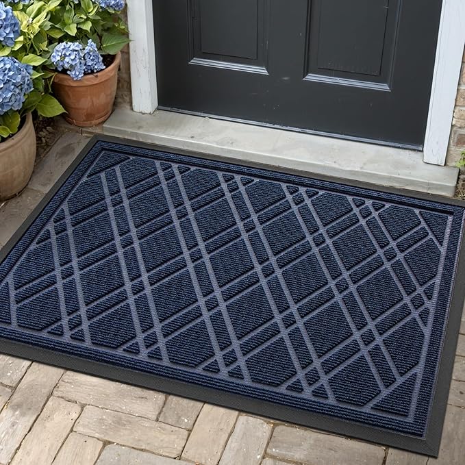 DEXI Front Door Mat Outside Entrance, All-Season Heavy Duty Rubber Doormat, Fade Resistant, Low-Profile, Easy Clean Patio Entryway, 23x35, Weave Blue