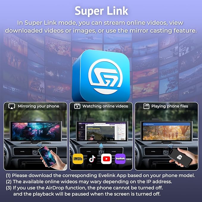 Carplay Screen for Car 10.26" HD IPS Wireless Compatible with Apple Carplay & Android Auto,Touch Car Play Screen with SuperLink,4K Dash Cam,1080p Backup Camera,Loop Recording,Bluetooth Audio,GPS,Siri