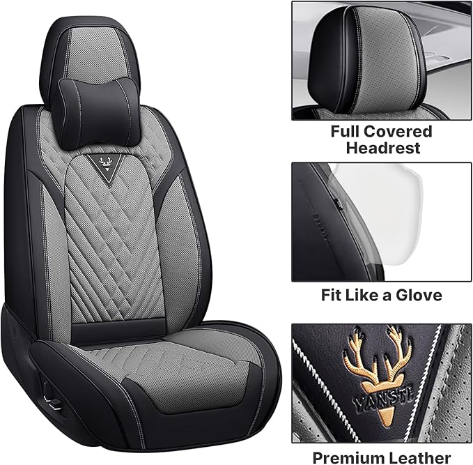 Leather Car Seat Protector - Universal Fit, Waterproof, 2 Seat-Headrest (Black & Gray)