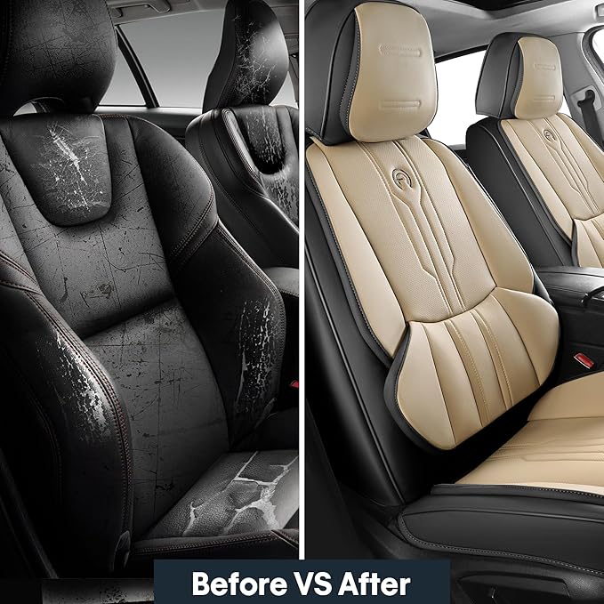 AOOG Front Seat Covers, Car Seat Covers Front Seats, Leather Seat Covers for Cars, Waterproof Seat Covers with Lumbar Support Universal Fit for Most Cars SUV Trucks(Front Pair, Beige&Black)