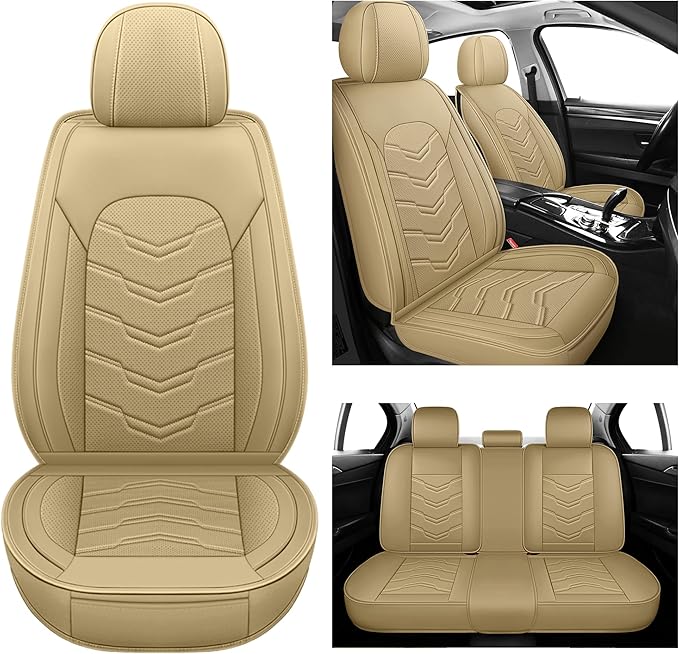 AOOG Leather Car Seat Covers Universal fit Most Sedans SUV Trucks (Full Set, Beige)