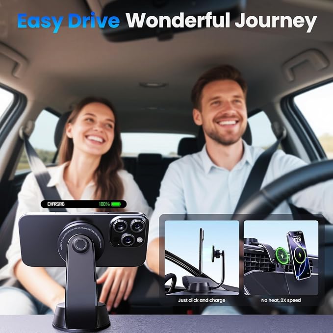 Upgrade [Qi2-Certified] 15W for MagSafe Wireless Car Charger Mount, 2XFast Charging[90+LBS Safe Suction] Magnetic Phone Holder Dashboard Windshield for iPhone 17/16/15/14/13/12 Pro Max,Black