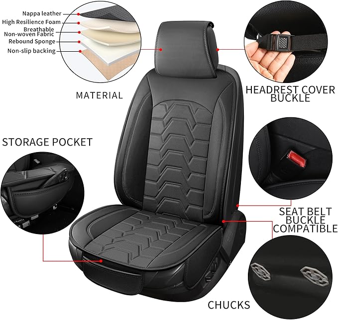 Leather car Seat Covers Breathable Car Seat Protector Front seat Covers Universal Fit for 95% Car Truck SUV Van Vehicles （Black，2PCS）
