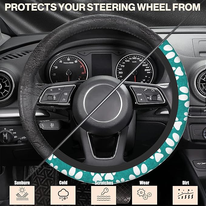 Dog Paw Prints Steering Wheel Covers Universal 15 Inch Car Wheel Cover,Anti-Slip Breathable Car Accessories Protector Fit for Trucks,Sedans,SUVs,Vans