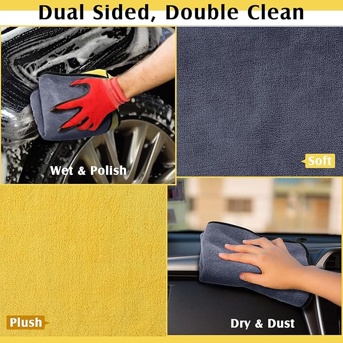 Nuenen 20 Pcs Microfiber Cleaning Towels for Cars 800 GSM Thick Plush Microfiber Cleaning Cloth Dusting Cloth Auto Detailing Absorbent Towels for Car Kitchen Window, 15.75 Inch(Grey and Yellow)