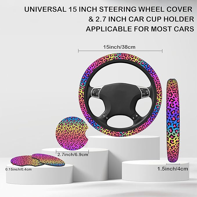 Rainbow Leopard Print Steering Wheel Cover for Women, Anti-Slip Car Steering Wheel Cover with 2 Pcs Cup Holders Neoprene Breathable Car Accessories Universal 15 Inch Auto Interior Decor