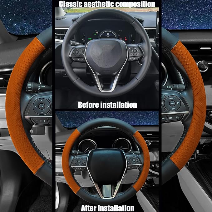 Steering Wheel Cover Standard Size 14.5-15 inch, Non-Slip Car Wheel Cover Protector, Breathable Microfiber Leather, Black and Orange