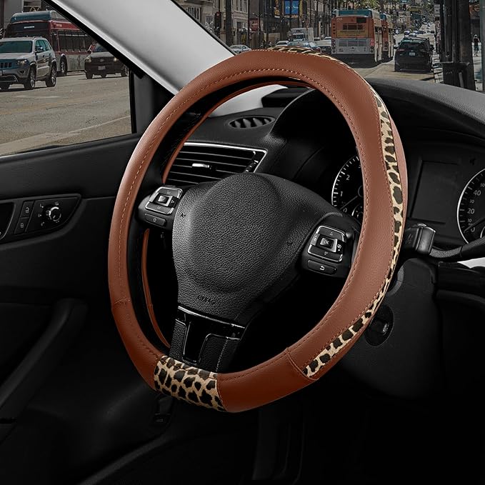 Road Comforts D-Type Steering Wheel Cover - Made with PVC Leather and Leopard Fabric - Universal Fit for 15-Inch D-Shaped Automotive Steering Wheels (Brown Color)