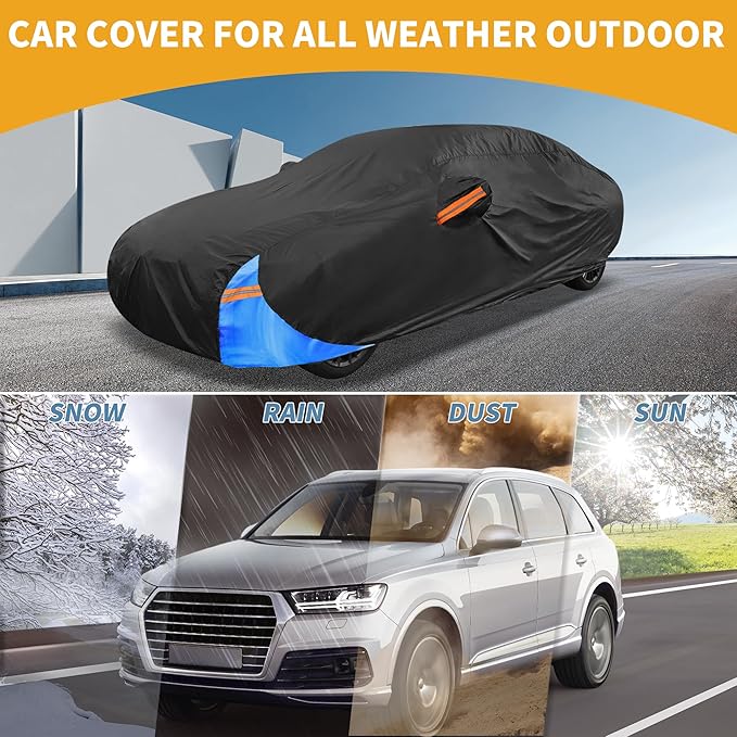Waterproof All-Weather Universal Car Cover with Right Side Zipper, 190T Polyeste Black Blue Fits for Sedan 177" to 185" Length