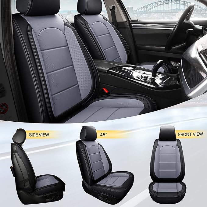 AOOG Leather Car Seat Covers with Car Backseat Organizer, Universal fit Automotive Vehicle Most Sedan SUV Pick-up Truck (Full Set, Black&Grey)