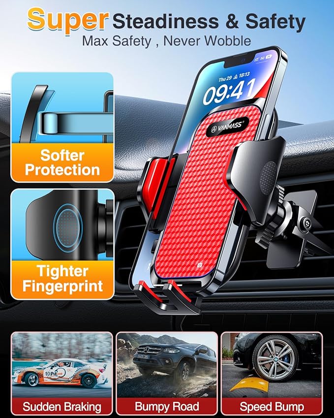 VANMASS [Upgraded] Car Vent Phone Holder Mount Compatible for iPhone 13 Pro Max 12 11 X Xr Xs 8 7 Plus Mini Se Android Mobile Cell Smartphone Universal Vehicle Handsfree Easy Clamp Clip Cradle，Red