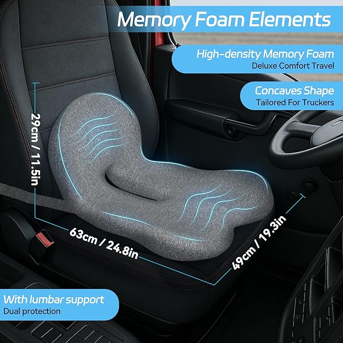 Trucker seat Cushions for Long Sitting, semi Truck seat Cushion with Lumbar Support, Truck seat Cushion for Back Pain and Supporting The HIPS, Trucker Essentials