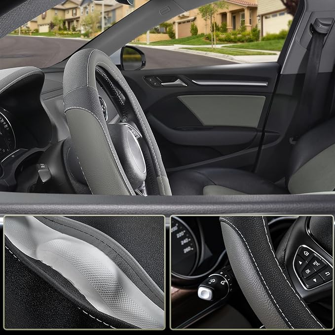 SEG Direct Car Steering Wheel Cover for Prius Civic Model 3 Model Y Camaro, Small Size 14-14.25 inch, Black and Gray Microfiber Leather