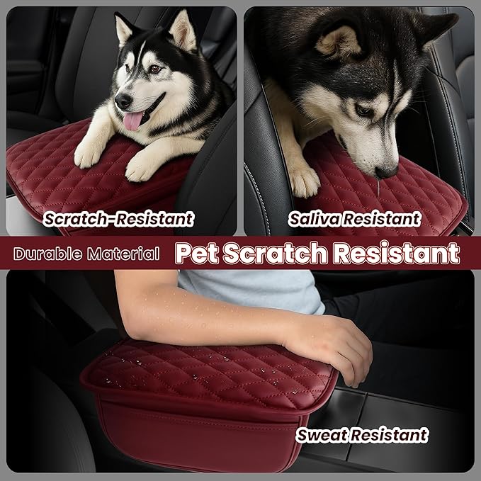 Upgraded Car Center Console Cover,Microfiber Leather Car Armrest Cover Cushion with 2 Storage Bags,Universal Car Armrest Storage Box Car Interior Accessories for Most Vehicles (Wine red)