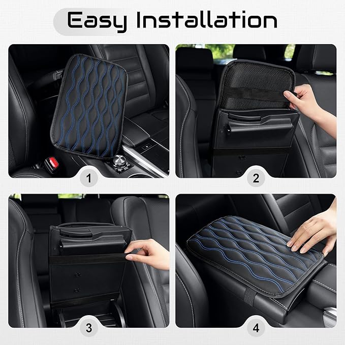 Amiss Auto Center Console Pad, Universal Waterproof Armrest Seat Box Cover, Car Interior Accessories, Leather Auto Armrest Cover Protector for Most Vehicle, SUV, Truck (Blue-Line)