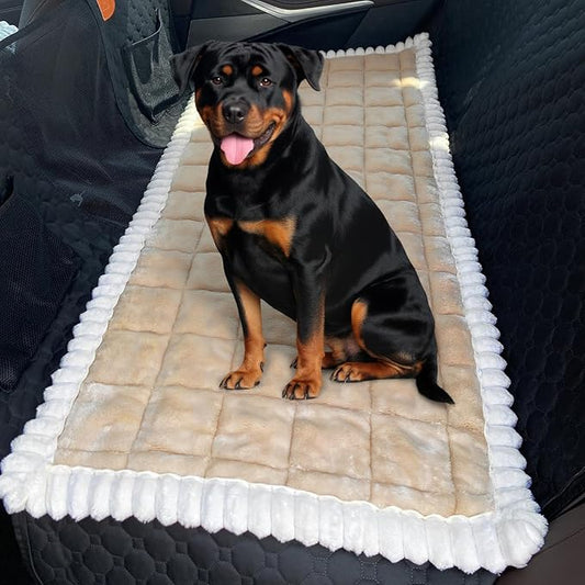 Dog Car Seat Cover for Back Seat, Dog Bed for Car, Fit for Backseat Extenders, Car Seat Protector, Nonslip Soft Durable for Cars Trucks and SUVs (Light Brown and White, 24.8"*54")