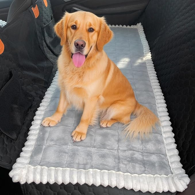 Dog Car Seat Cover for Back Seat, Dog Bed for Car, Fit for Backseat Extenders, Car Seat Protector, Nonslip Soft Durable for Cars Trucks and SUVs (Light Gray and White, 24.8"*54")