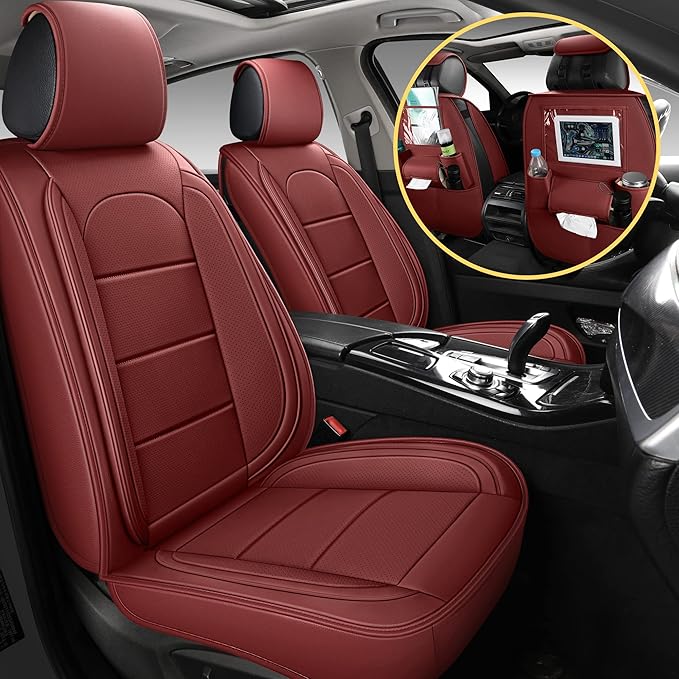 AOOG Leather Car Seat Covers with Car Backseat Organizer, Universal fit Automotive Vehicle Most Sedan SUV Pick-up Truck (Front Pair, Burgundy)