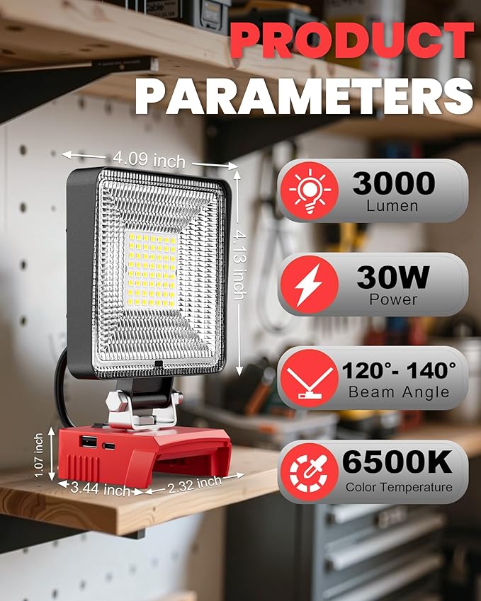 LIVOWALNY 30W LED Work Light Compatible with Milwaukee Battery, Portable 3000LM Flood Flashlight Tools 140° Adjustable Head with USB & Type C Output Port for Camping, Hiking, Construction, Emergency