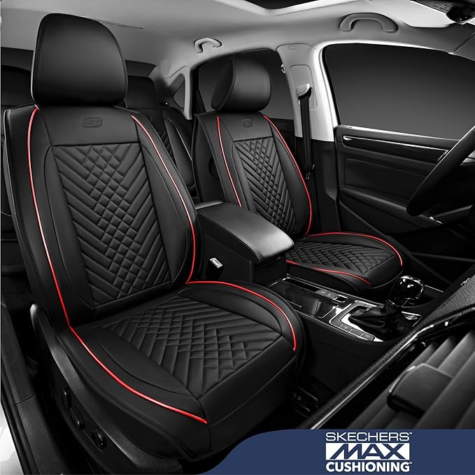 Skechers MAX Cushioning Car Seat Covers,Memory Foam Piping Leather Seat Covers,Waterproof Car Seat Protector Front Seats,Car Seat Cushion Airbag Universal Fit for Most Cars,Vans,Trucks,SUV,Red