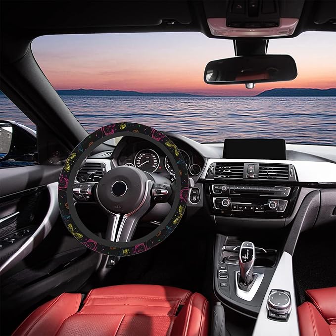 Abstract Neon Colorful Butterfly Steering Wheel Cover, Elastic Non-Slip Steering Wheel Protector,Auto Interior Decor for Women Girls,Universal 15" Fit for Sedans,Trucks