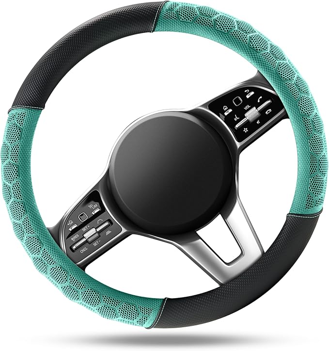 PIC AUTO Massage Steering Wheel Cover, Mint Football Pattern Material Spliced Leather Car Steering Wheel Protector, Car Interior Accessories, Universal Fit 14.5"-15.5" for Cars, Trucks, Van, SUV
