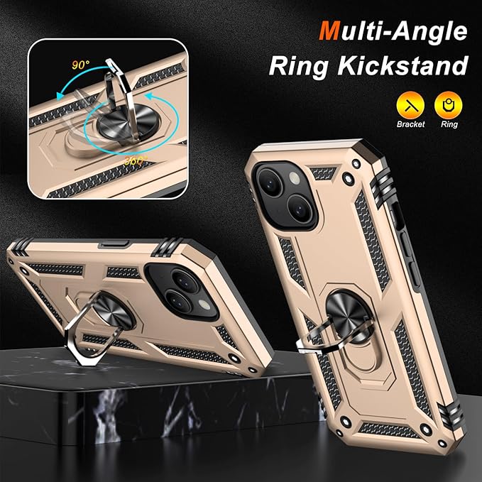 IKAZZ for iPhone 13 Case 6.1 Inch with Screen Protector,Military Grade Shockproof Heavy Duty Protective Phone Cover Pass 16ft Drop Test with Magnetic Kickstand Car Mount Holder,Gold
