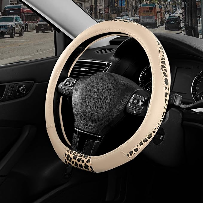 Road Comforts D-Type Steering Wheel Cover - Made with PVC Leather and Leopard Fabric - Universal Fit for 15-Inch D-Shaped Automotive Steering Wheels (Milky White)