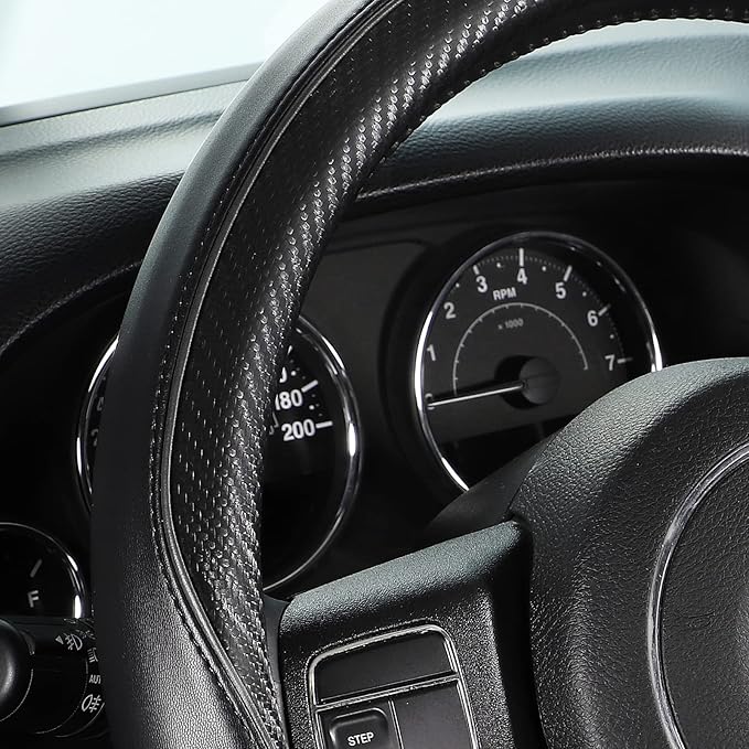 SEG Direct Car Steering Wheel Cover Large-Size for F150 F250 F350 Ram 4Runner Tacoma Tundra Range Rover with 15 1/2"-16" Outer Diameter Leather with Carbon Fiber Pattern Black