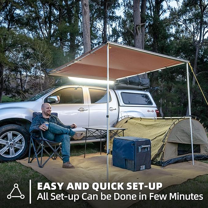 Vehicle Awning, 4.6ft x 6.6ft, Rooftop Pullout Ripstop UPF50+ Side Awning, Reinforced Hinges & Poles for Jeep/SUV/Truck/Van