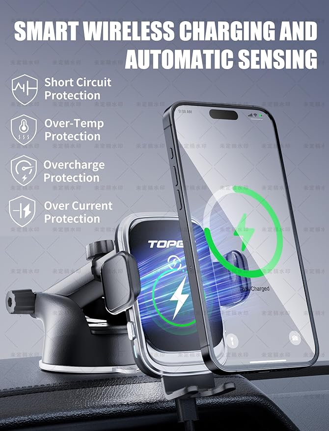 TOPGO Dashboard Wireless Car Charger, Universal Cell Phone Holder, Wireless Charger Phone Holder, 15W Fast Charging for iPhone 17 Pro Max, Samsung Galaxy - Black