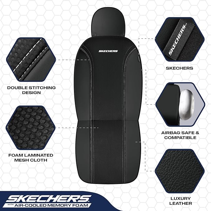 Skechers Memory Foam Seat Covers,Air- Cooled Mesh Thick Car Seat Covers,Leather Front Seat Covers,Airbag Compatible,Automotive Comfort Universal Fit for SUVs,Vans,Sedans,Cars,Trucks,Black
