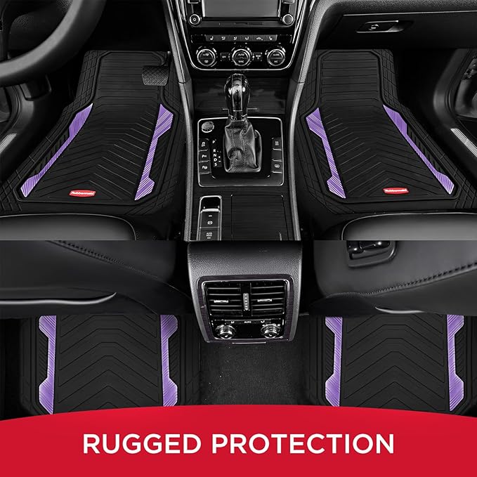 Rubbermaid Car Floor Mat, Heavy Duty All-Weather Car Mats Full Set with Dual-Tone Purple Aluminum Inserts – Universal Fit, Anti-Slip Backing, Trim-to-Fit for Most SUV, Sedan, Van