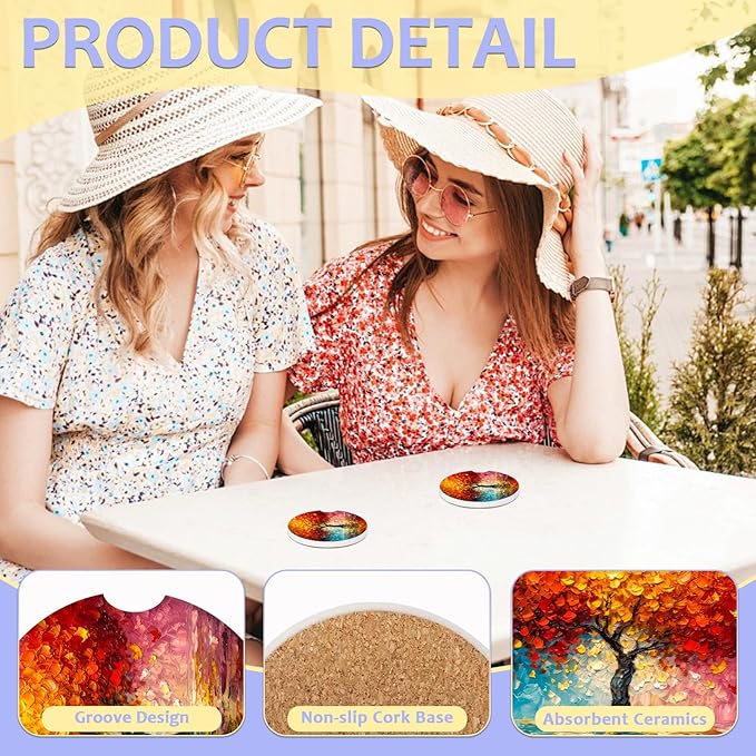2 Pack Car Cup Holder Coaster-Colorful Trees Absorbent Ceramic Coaster, Car Coasters for Cup Holders,Auto Accessories for Women & Men
